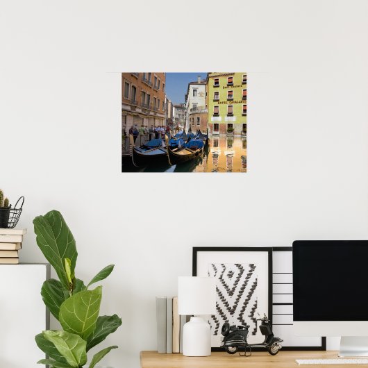 Italy, Venice, gondolas moored along canal ポスター (ホームオフィス)