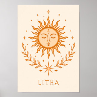 itha Celestial Sun Face Botanical Wreath Art ポスター