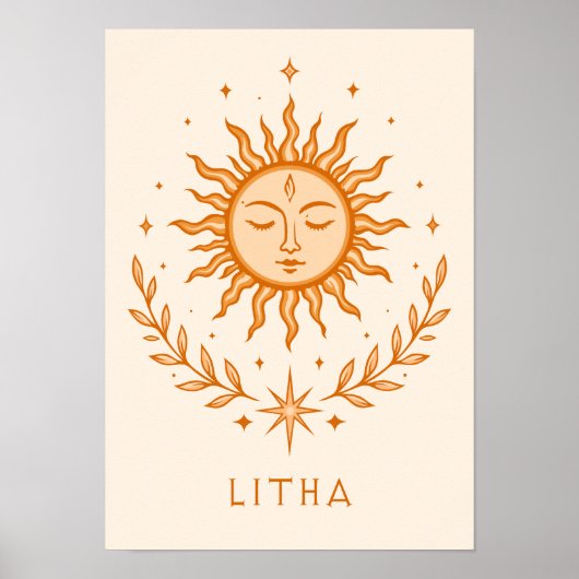 itha Celestial Sun Face Botanical Wreath Art ポスター (正面)