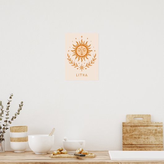 itha Celestial Sun Face Botanical Wreath Art ポスター (キッチン)