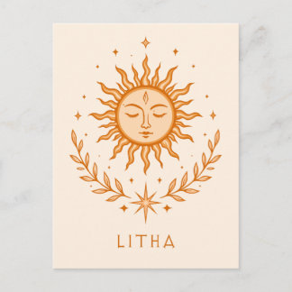 itha Celestial Sun Face Botanical Wreath Art ポストカード