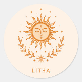 itha Celestial Sun Face Botanical Wreath Art ラウンドシール