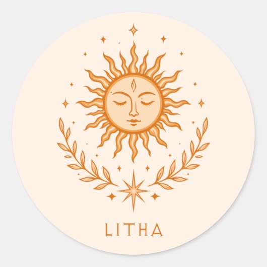 itha Celestial Sun Face Botanical Wreath Art ラウンドシール (正面)