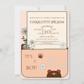It's A Boy! かわいいクマとデイジーの花のベビーシャワー 招待状 (正面)