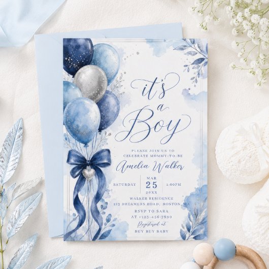 It's a Boy ネイビーバルーン ベビーシャワー 招待状
