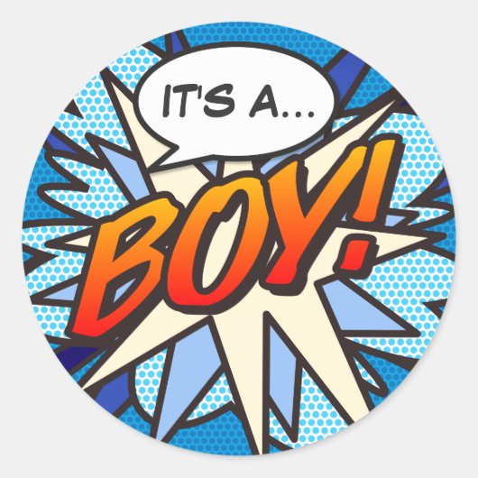 IT'S A BOY 性別発表 レトロなコミック風 ラウンドシール (正面)