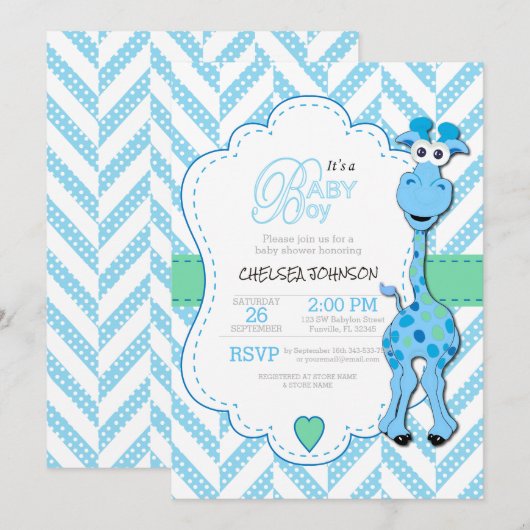 It's a Boy - Baby Blue Girinfe - Baby Shawer 招待状 (正面/裏面)