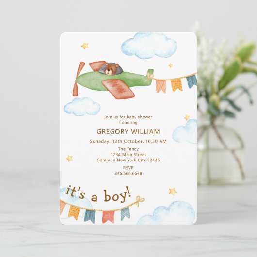 It's A Boy Bear Airplane Baby Shower 招待状 (スタンド正面)