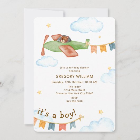 It's A Boy Bear Airplane Baby Shower 招待状 (正面)