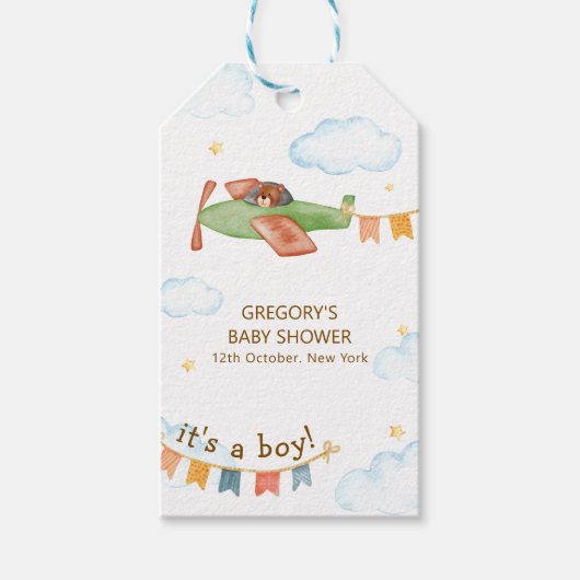 It's A Boy Bear Airplane Sky Baby Shower ギフトタグ (正面)