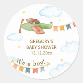 It's A Boy Bear Airplane Sky Baby Shower ラウンドシール