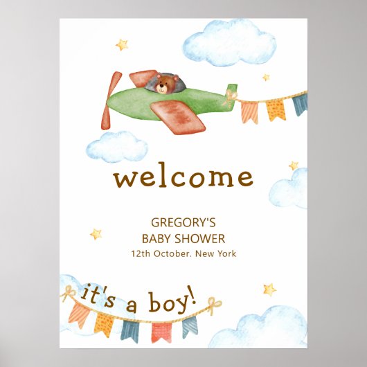 It's A Boy Bear Airplane Sky Baby Shower Welcome ポスター (正面)