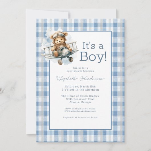 It's a Boy Blue Airplane Baby Shower Invitation 招待状 (正面)