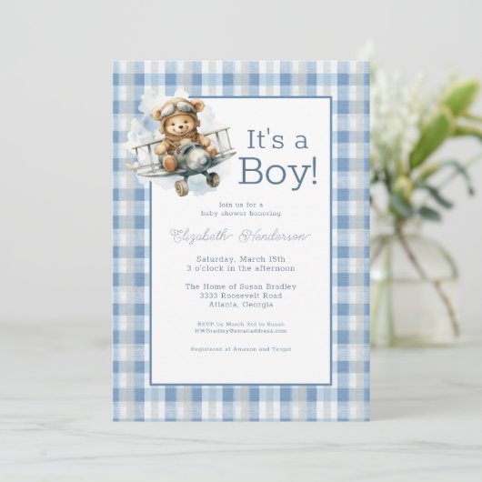 It's a Boy Blue Airplane Baby Shower Invitation 招待状 (スタンド正面)