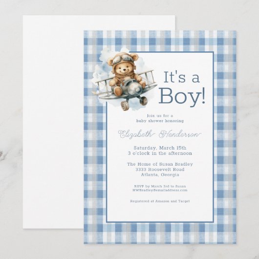 It's a Boy Blue Airplane Baby Shower Invitation 招待状 (正面/裏面)