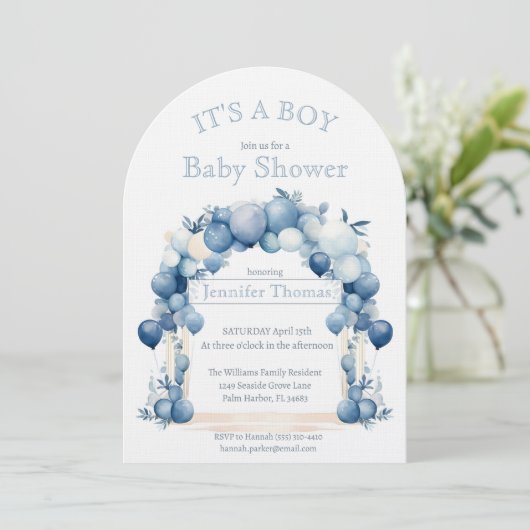 It's a BOY Blue Balloon Arch Baby Shower 招待状 (スタンド正面)