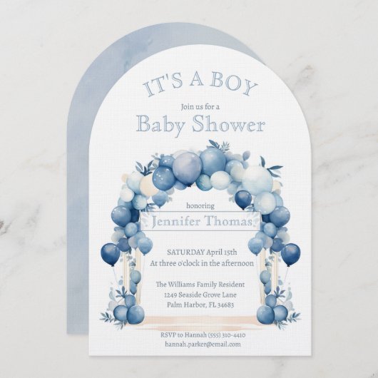 It's a BOY Blue Balloon Arch Baby Shower 招待状 (正面/裏面)