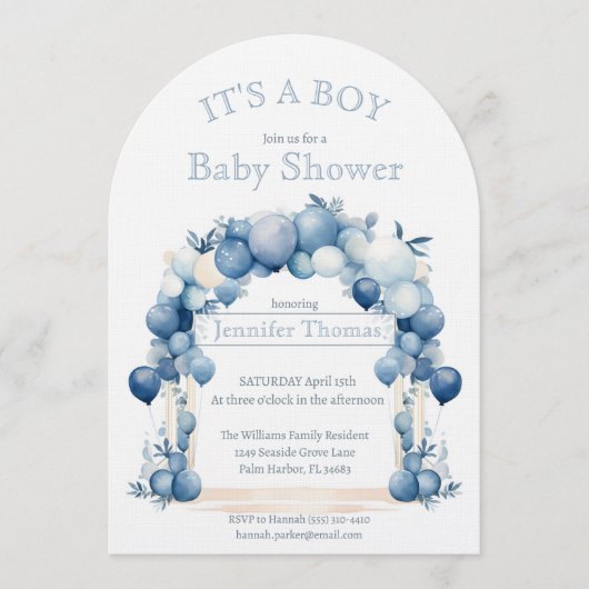 It's a BOY Blue Balloon Arch Baby Shower 招待状 (正面)
