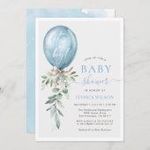 It's A Boy Blue Balloon Bow Greenery Baby Shower 招待状 (正面/裏面)