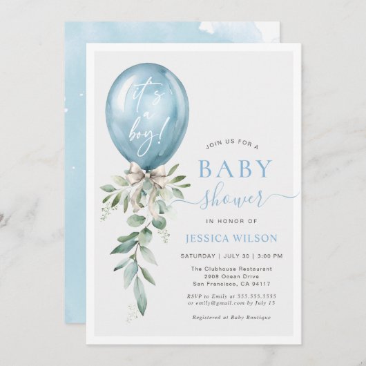It's A Boy Blue Balloon Bow Greenery Baby Shower 招待状 (正面/裏面)