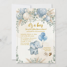 It's a boy blue balloon cute elephant baby shower 招待状