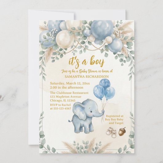 It's a boy blue balloon cute elephant baby shower  招待状 (正面)