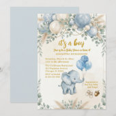 It's a boy blue balloon cute elephant baby shower  招待状 (正面/裏面)