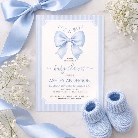 It's a Boy Blue Bow and Stripes Baby Shower 招待状