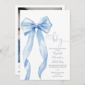 Its A Boy Blue Bow Baby Shower写真QRコード 招待状 (正面/裏面)