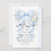 It's a Boy Blue Bow Floral Baby Shower 招待状 (正面)