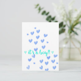 IT'S A BOY - Blue & Teel水色ハートデザイン 案内ポストカード