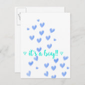 IT'S A BOY - Blue & Teel水色ハートデザイン 案内ポストカード (正面/裏面)