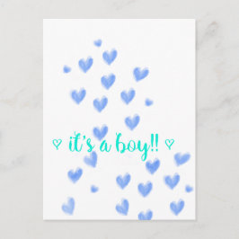 IT'S A BOY - Blue & Teel水色ハートデザイン 案内ポストカード