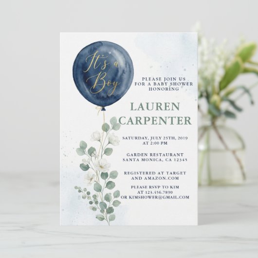 Its a Boy Celebration Navy Blue Balloon Baby Showe 招待状 (スタンド正面)
