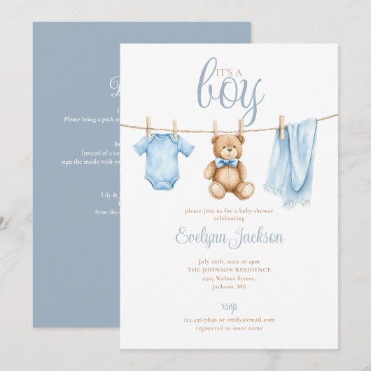 Its A Boy Clothesline Baby Shower All In One 招待状 (正面/裏面)