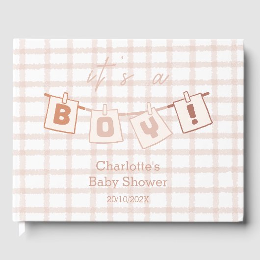 It's a Boy! Cute Brown Gingham Baby Shower ゲストブック (正面)
