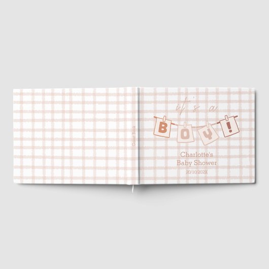It's a Boy! Cute Brown Gingham Baby Shower ゲストブック (全面)