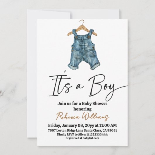It's a Boy Denim Clothes Blue Jean Baby Shower 招待状 (正面)