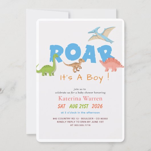 It's A Boy Dino Dinosaur Baby Shower 招待状 (正面)