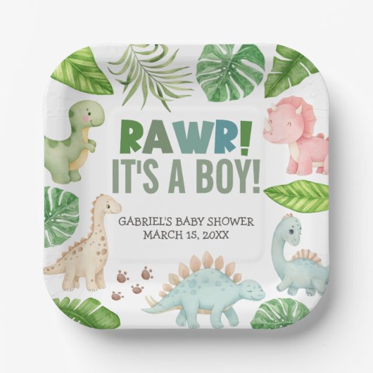 It's a Boy Dinosaur Baby Shower ペーパープレート (正面)