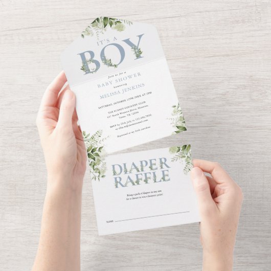 Its A Boy Dusty Blue Floral Greenery Baby Shower オールインワン招待状 (貼ってはがせる)