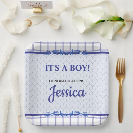 It's A Boy Elegant Blue Baby Shower ペーパープレート (ウェディング)