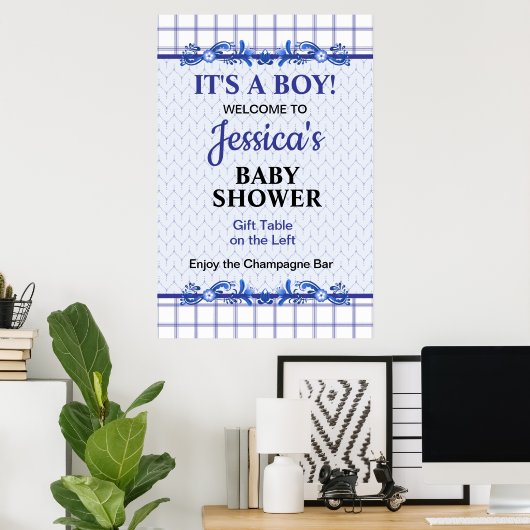 It's A Boy Elegant Blue Baby Shower ポスター (ホームオフィス)