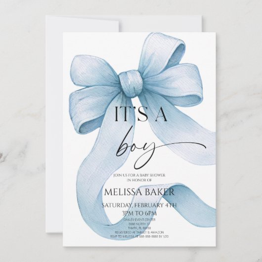 It's A Boy Elegant Blue Bow Baby Shower 招待状 (正面)