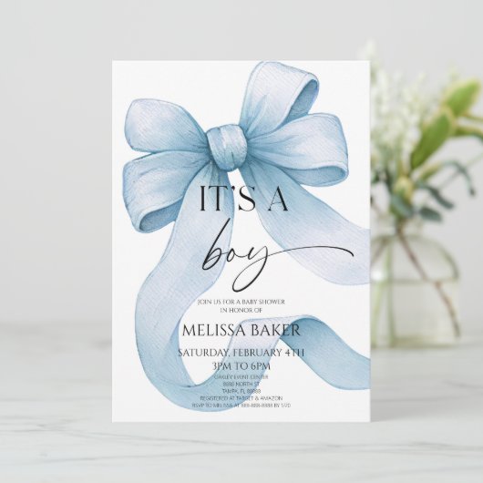 It's A Boy Elegant Blue Bow Baby Shower 招待状 (スタンド正面)