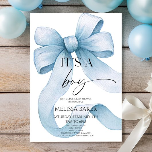 It's A Boy Elegant Blue Bow Baby Shower 招待状