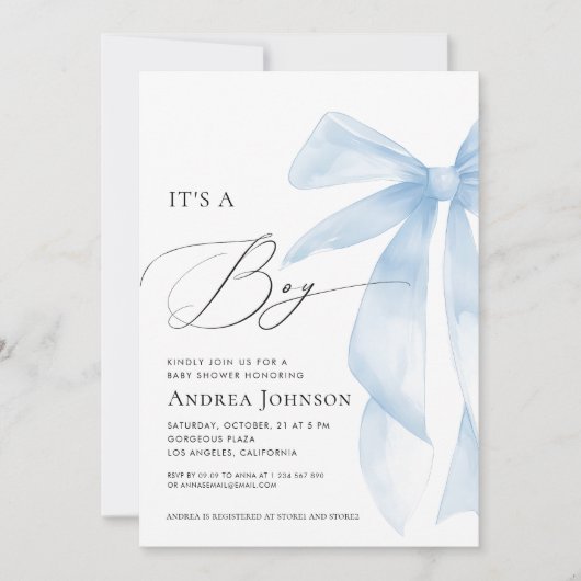 It's a Boy | Elegant Classy Blue Bow Baby Shower 招待状 (正面)