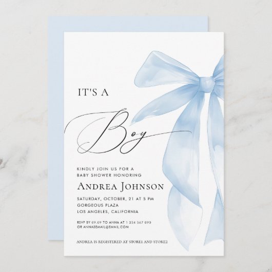 It's a Boy | Elegant Classy Blue Bow Baby Shower 招待状 (正面/裏面)