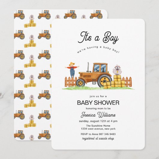 It's A Boy Framer Tractor Baby Shower  招待状 (正面/裏面)