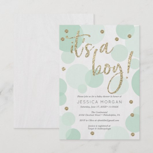 It's a Boy Green水玉模様ベビーシャワー招待状 招待状 (正面/裏面)